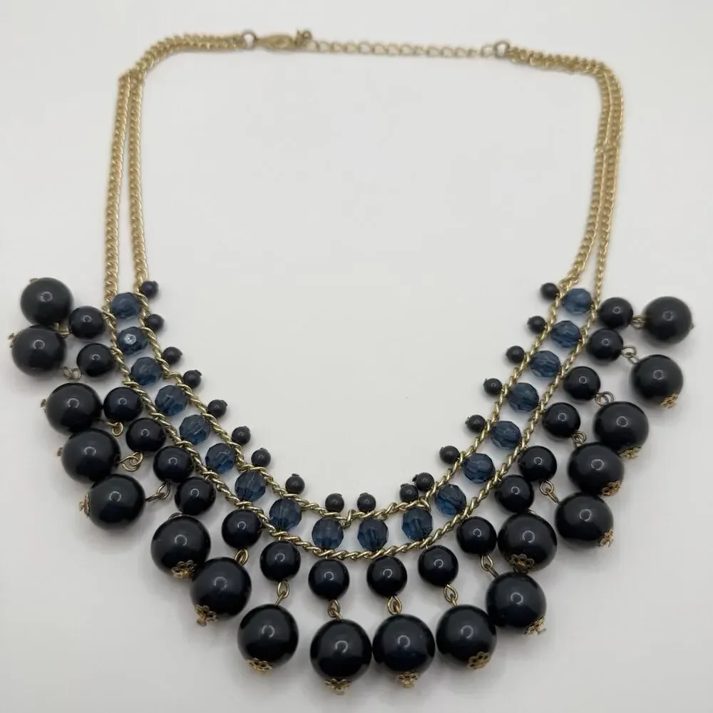 Dangle Beaded‎ Necklace Gold Tone Blue Gray Statement Double Strand Chain 19-22”